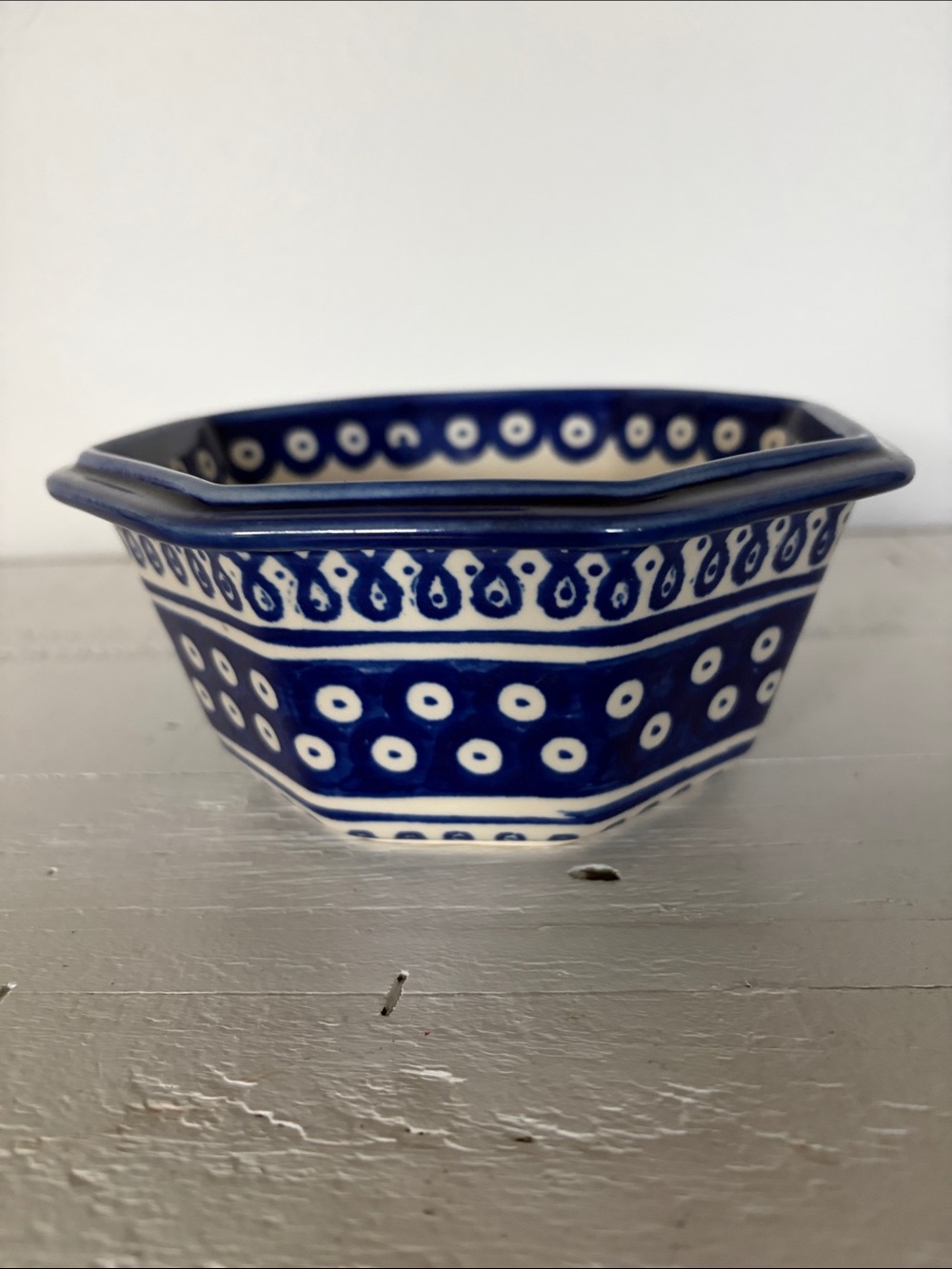 Polish Pottery Blue and Cream Octagonal Decorative Bowl